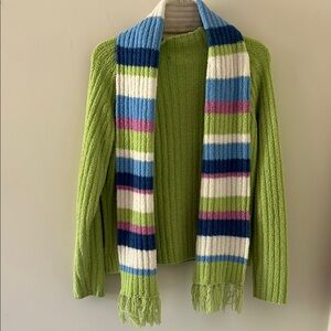 Green Sweater with Striped Scarf
